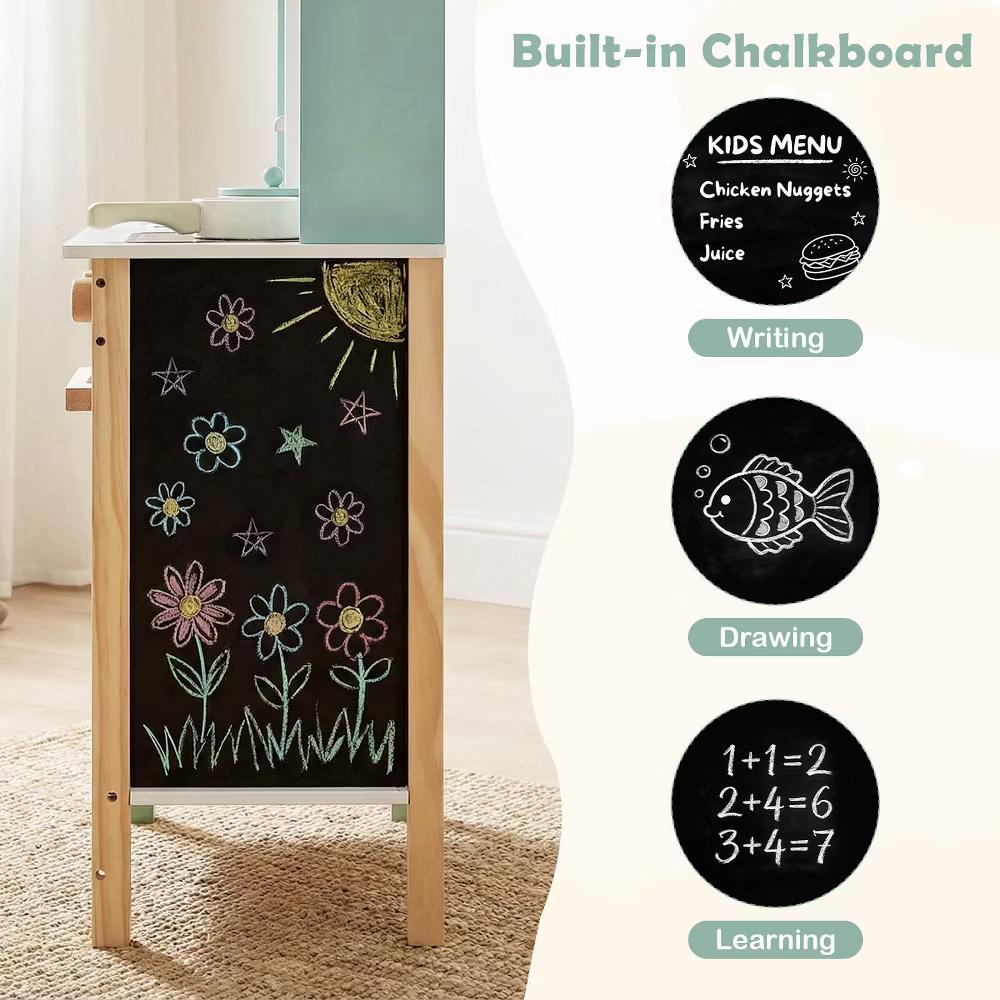 Play Kitchen with Chalkboard Microwave Stove Dish Rack Faucet Sink Accessories White + Natural/Blue/Green + White - Image 10