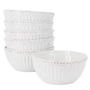 Modern Southern Home 6 Piece 6 Inch Stoneware Embossed Cereal Bowl Set in White
