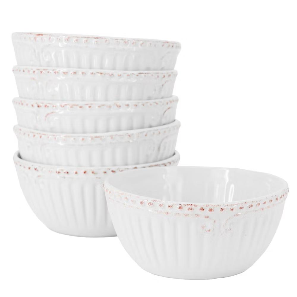 Modern Southern Home 6 Piece 6 Inch Stoneware Embossed Cereal Bowl Set in White