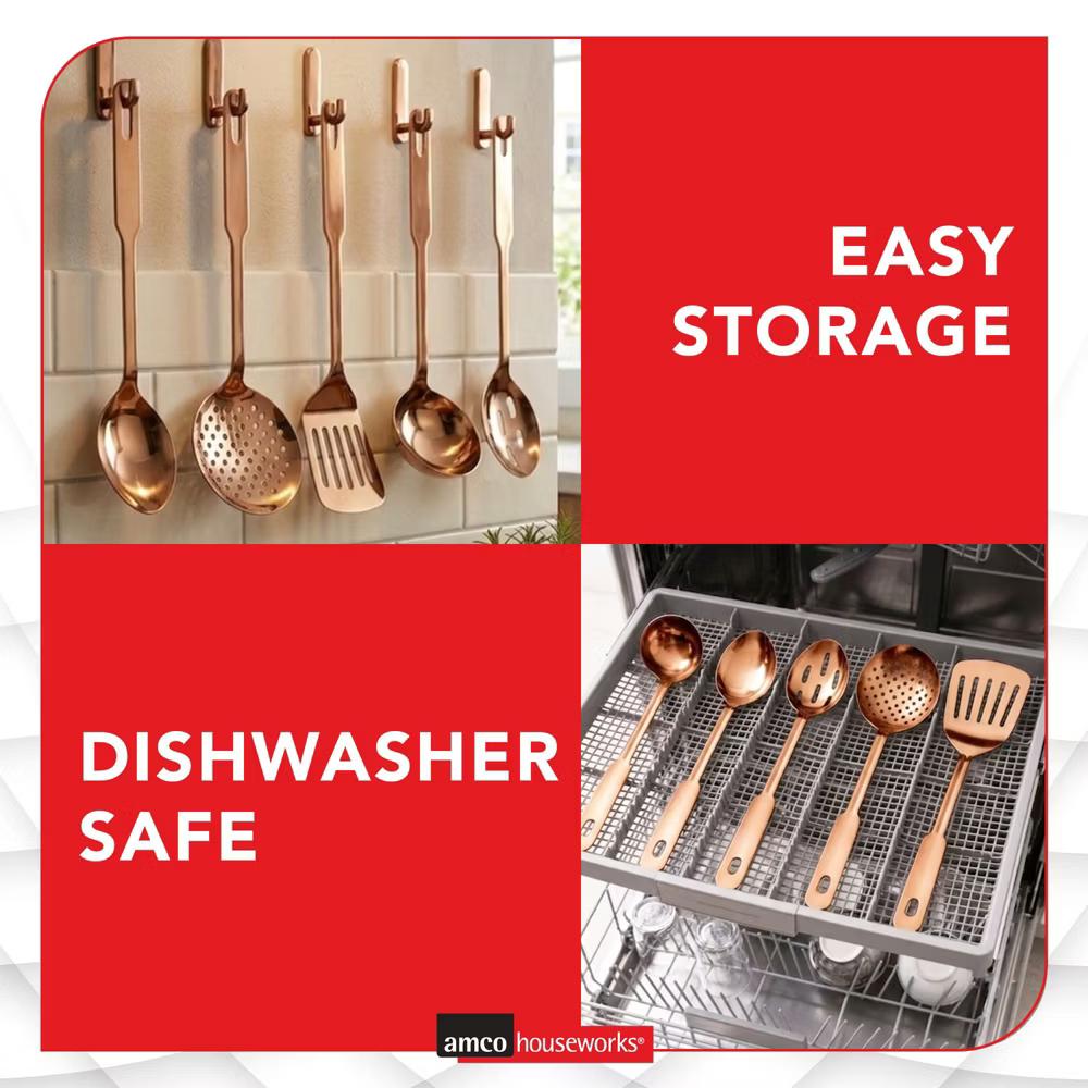 Amco 5-Piece Stainless Steel Cooking Utensil Set, Copper Finish, Includes Kitchen Ladle, Slotted Turner, Skimmer, Solid Spoons, 14" with Hanging Holes - Image 7