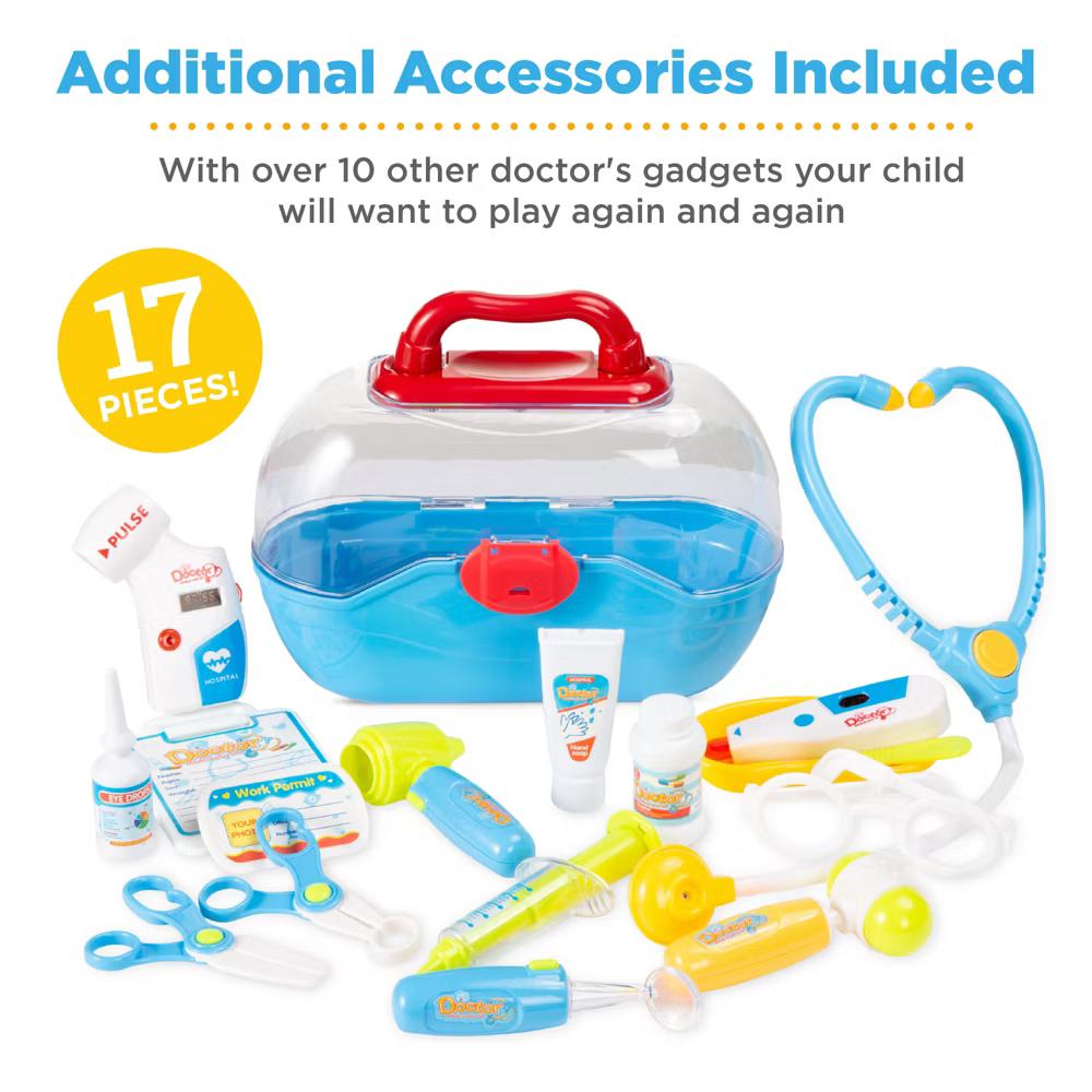 Play Doctor Kit for Kids, Pretend Medical Station Set with Carrying Case, Mobile Cart - Blue - Image 5