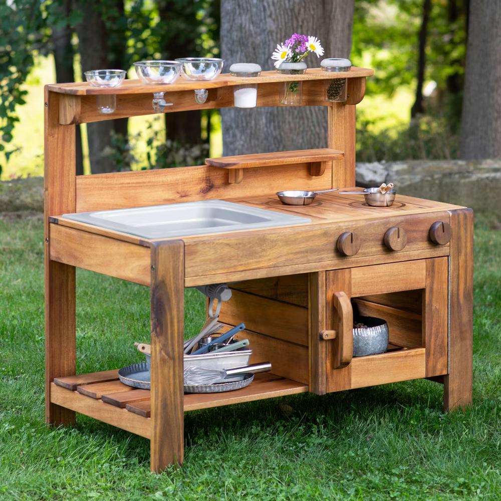 Guidecraft Acadia Kids' Outdoor Mud Kitchen Playset - Pretend Play Kitchen with Sink, Stove, and Accessories | Wooden Backyard Playset - Image 11