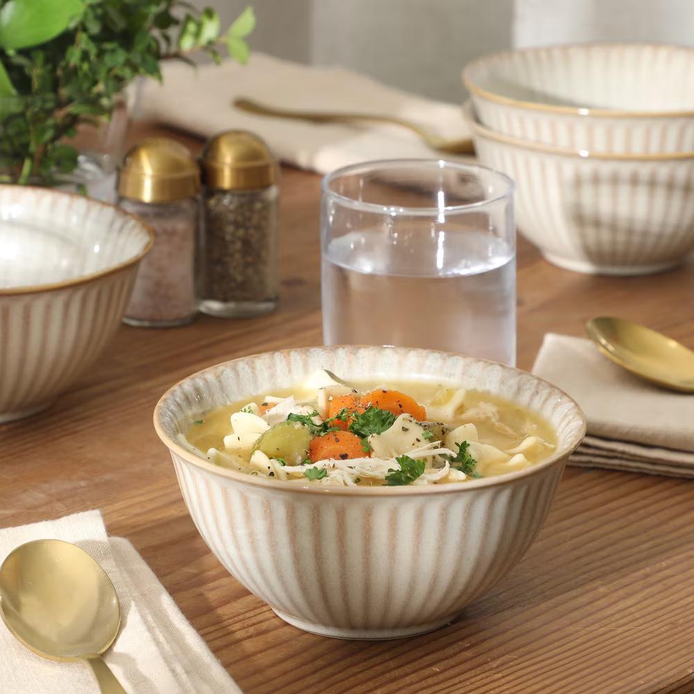 Cereal Bowls Set of 4, 6-Inch Stoneware Soup Bowls, Reactive Glaze Ribbed Bowl Set - Image 11
