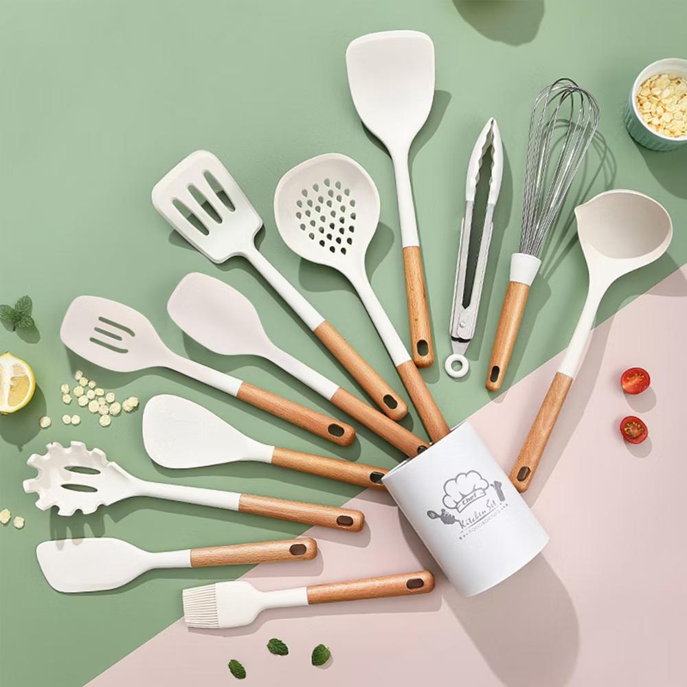 13-Piece Silicone Kitchen Utensils Set, Cooking Utensils with Wooden Handles, Heat Resistant Nonstick Gadgets with Storage Bucket - Image 3