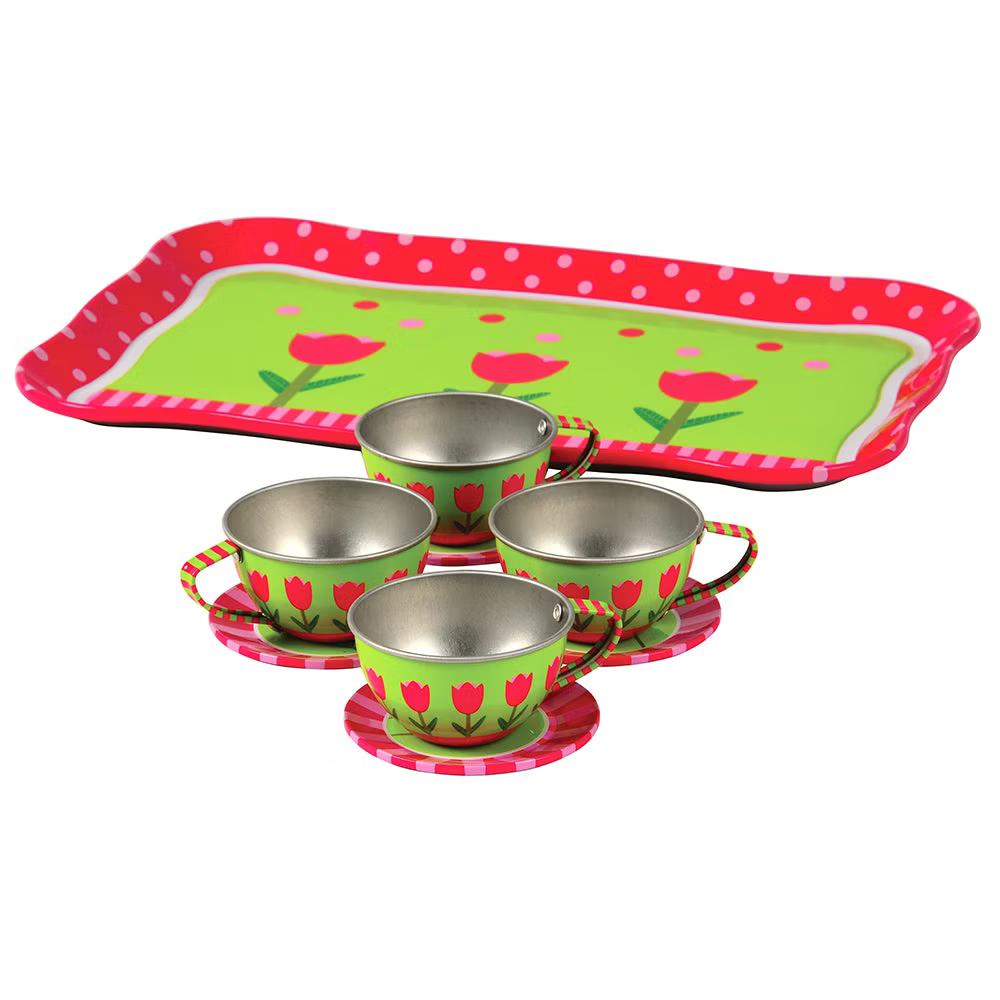Constructive Playthings Take-Along Tin Tea Set – 20-Piece Kids Tea Party Set with Tray, Teapot & Carry Case for Ages 3+ - Image 5