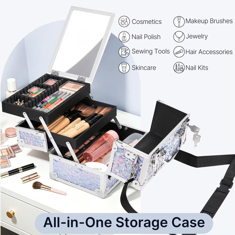Yaheetech Aluminum Portable Makeup Train Case Cosmetic Storage Case with Mirror, Adjustable Dividers - Image 16