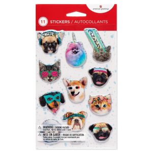 Funny Pets Puffy Stickers for Kids, 3D Sparkly Cats and Dogs 11ct, 1 Sheet