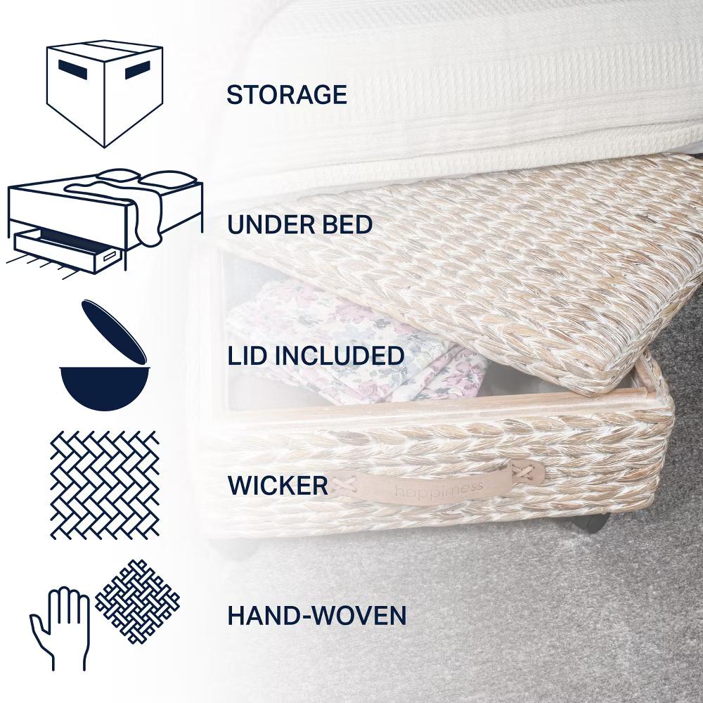 happimess Chett Minimalist Hand-Woven Hyacinth/Wood Underbed Storage Bin with Wheels and Handles - Image 26