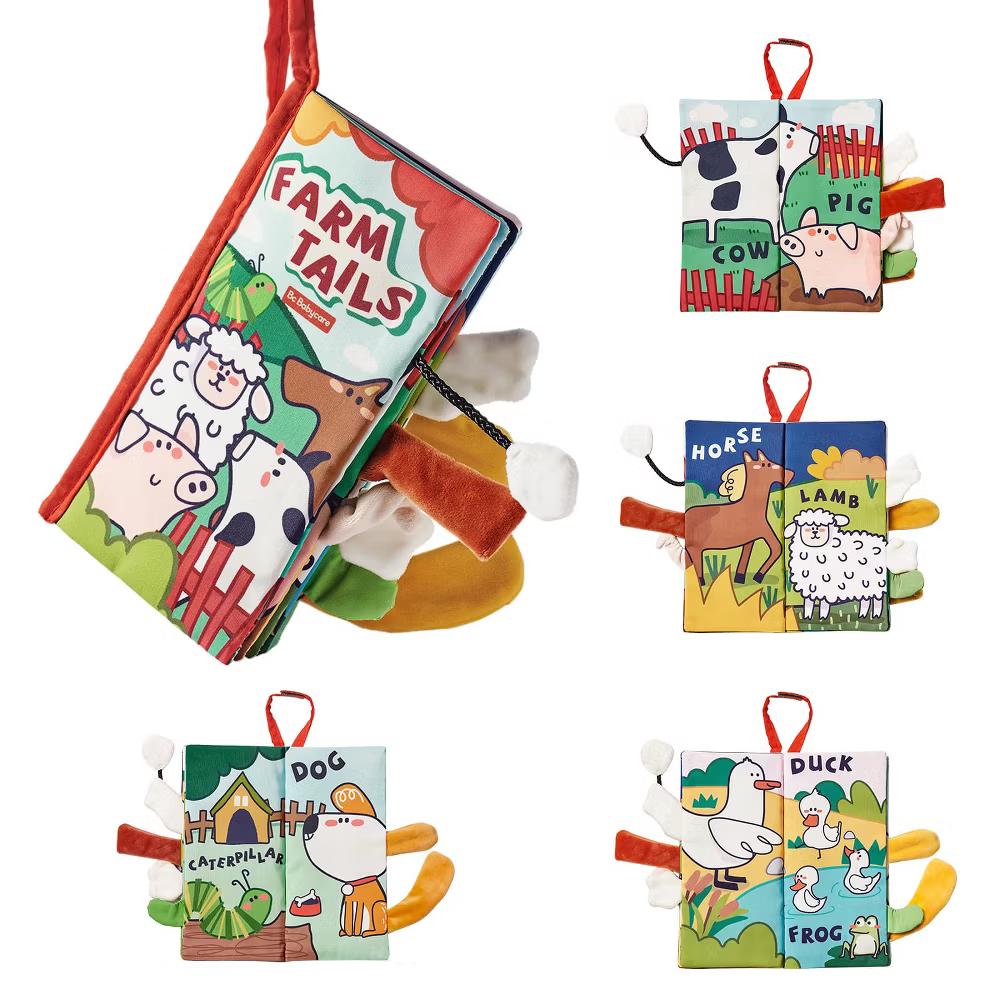 Bc Babycare Baby Soft Cloth Book with Crinkle Pages and 3D Tails, with Multicolored Pattern, Washable Sensory Toy