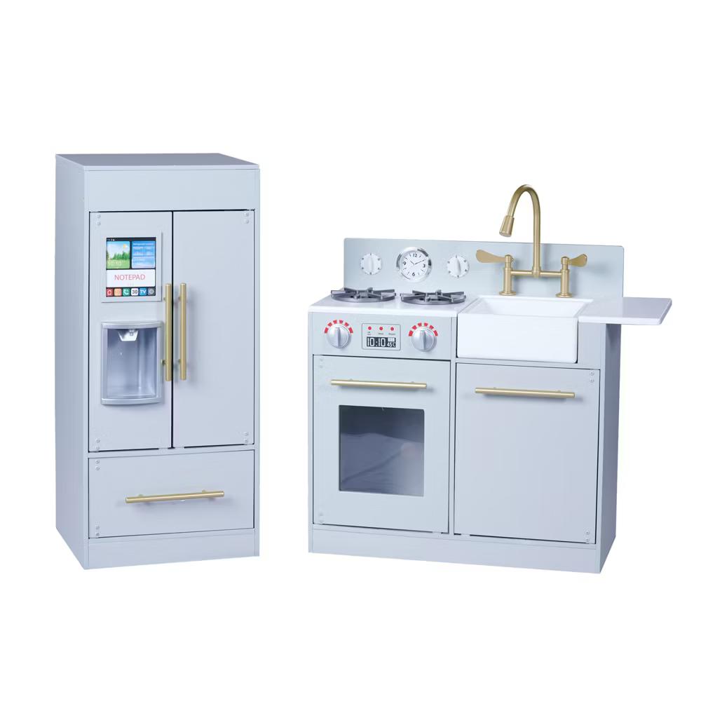 Little Chef Charlotte Modern Wooden Play Kitchen with Realistic Stove, Sink, Fridge & Accessories - Image 9