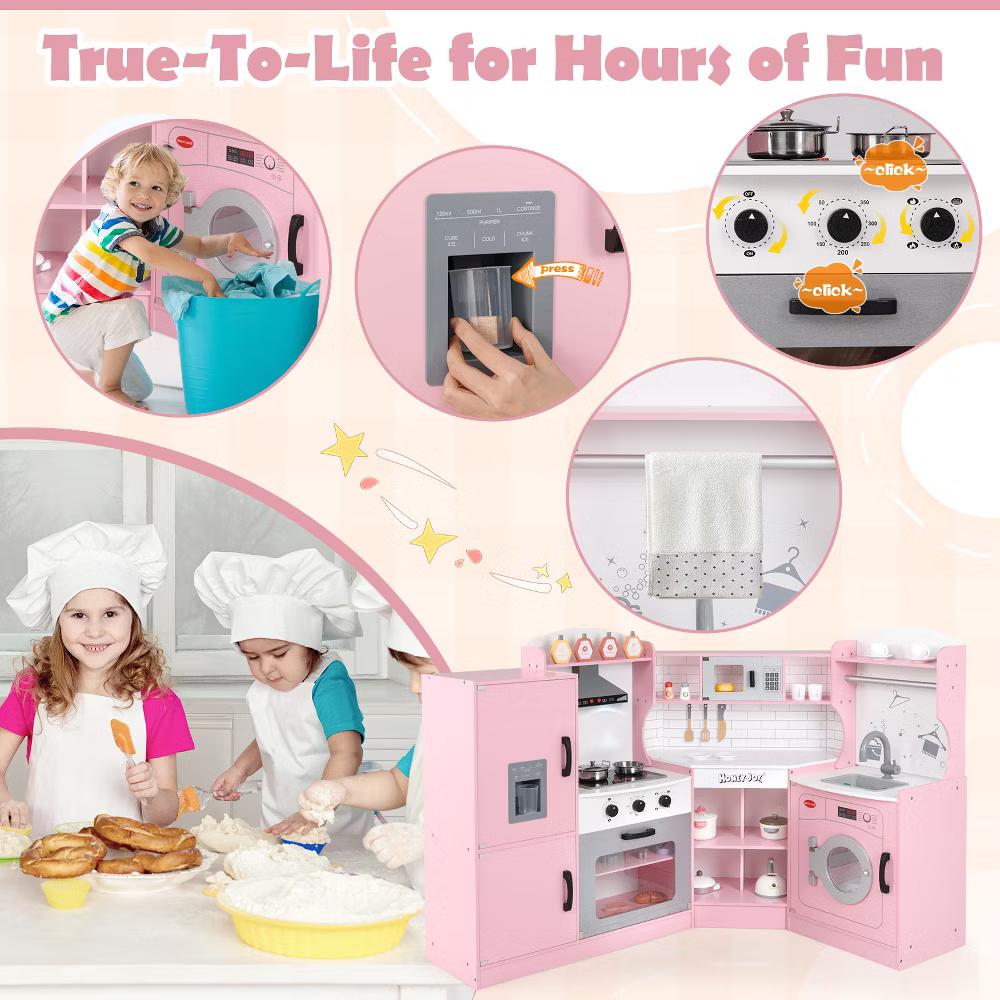 Corner Play Kitchen Toddler Kitchen Playset with Range Hood, Ice Maker, Microwave White/Pink - Image 20