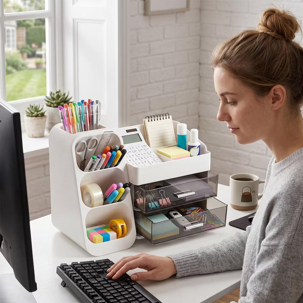 Desktop Organizer with Pen Holder, Multi-Grid Stationary Storage Caddy with 2 Clear Drawers for Office Supplies & Makeup - Image 11