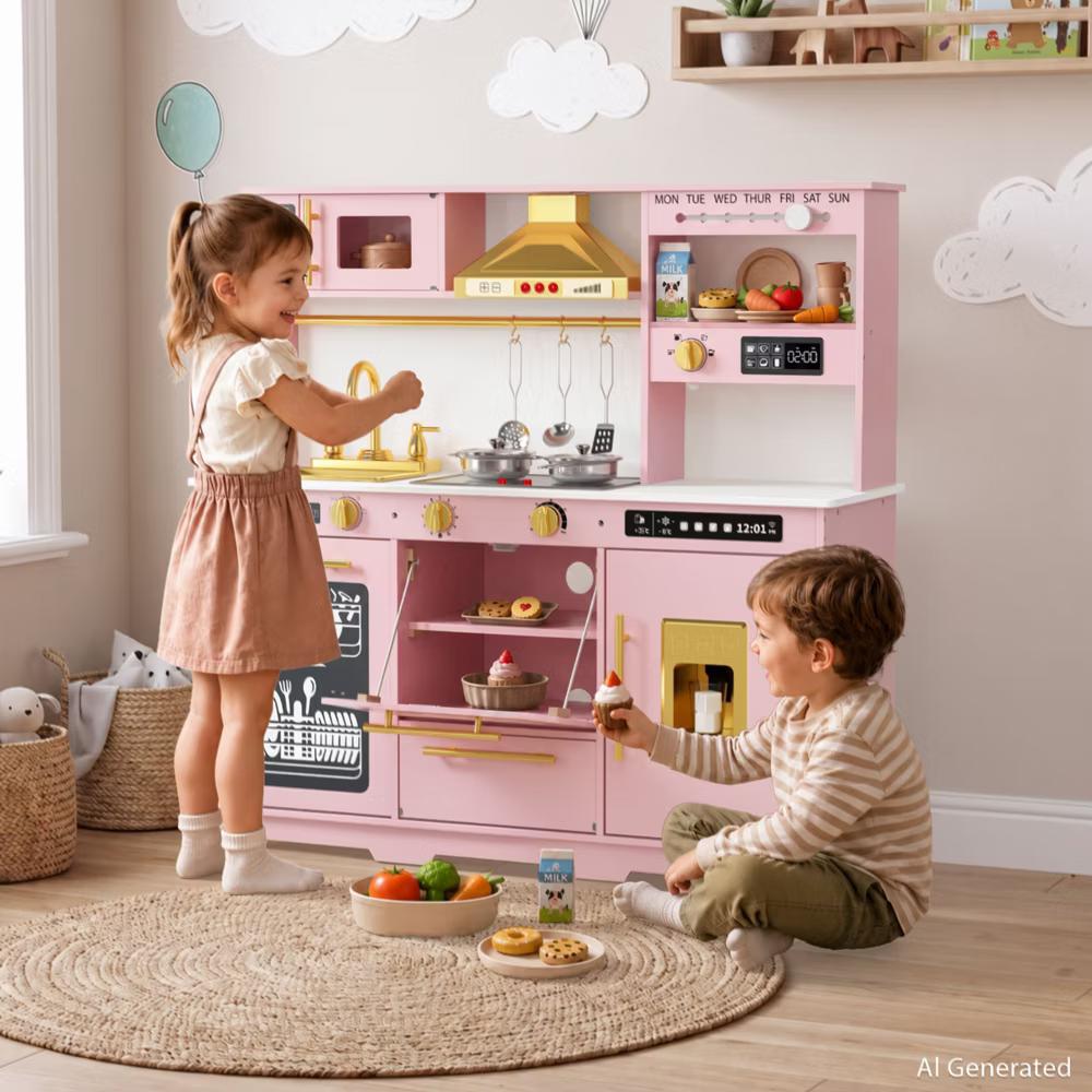 Wooden Play Kitchen for Kids with Running Water Sink, Interactive Stove, Ice Maker, Microwave, Oven & Dishwasher, Ages 3+ - Image 50