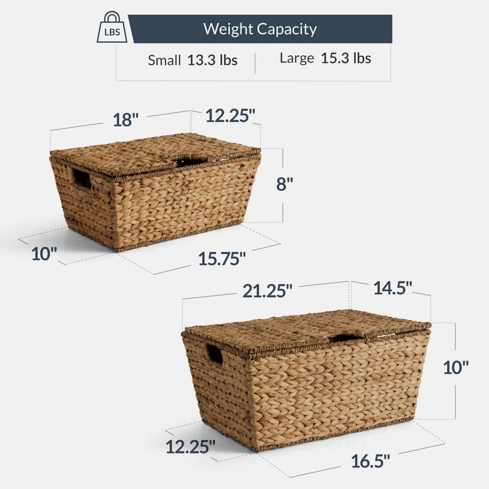 Set of 2 X-Large & Medium Woven Storage Baskets W/Lids, Hyacinth Nesting Organizer Bins - Natural - Image 15