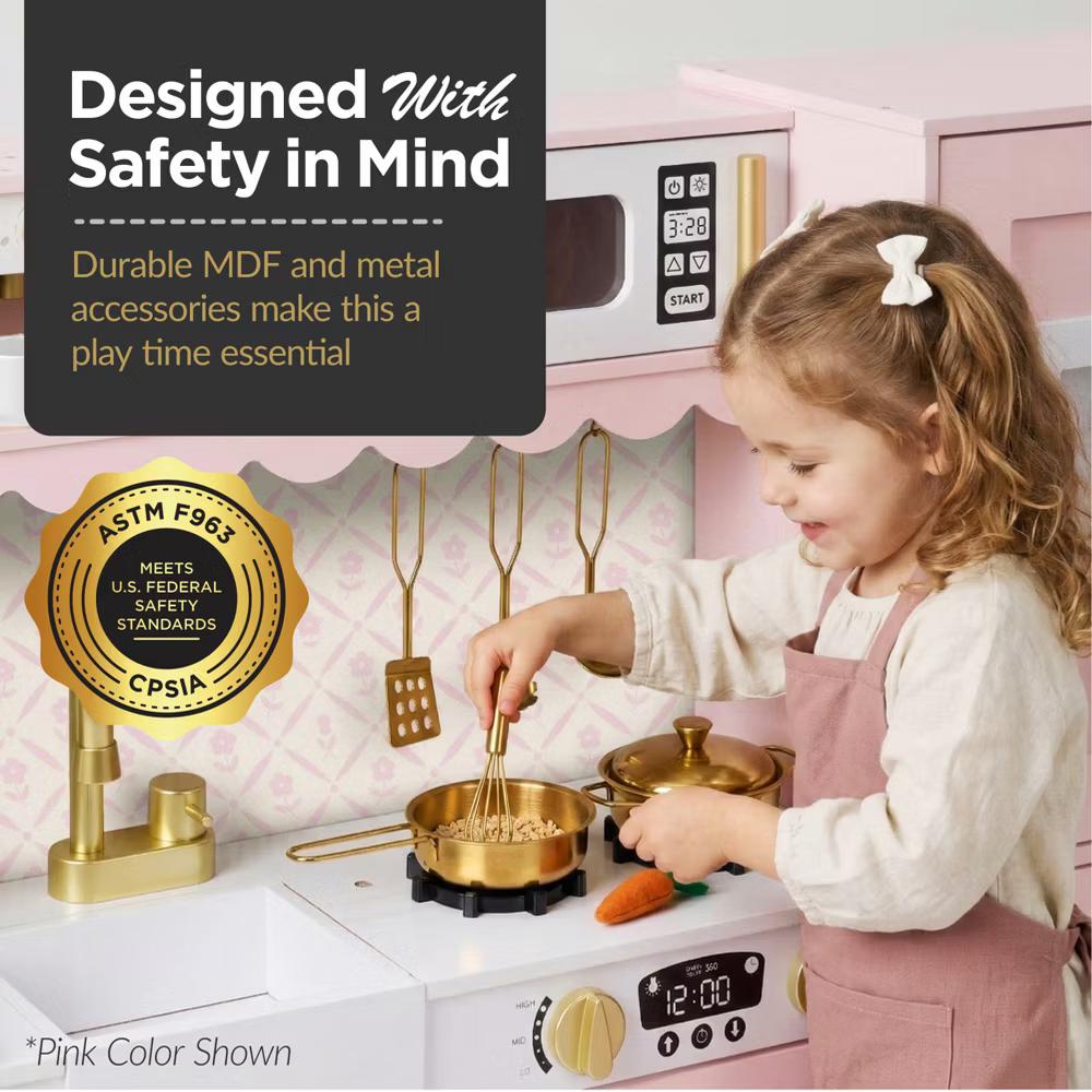Wooden Cottage Kids Pretend Play Kitchen with 11 Accessories, Espresso Machine - Pink - Image 10