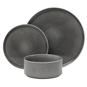 Solana Coast 12 Piece Stoneware Reactive Glaze (Service for 4) Ceramic Plates and Bowls Modern Shape Embossed Dinnerware Set