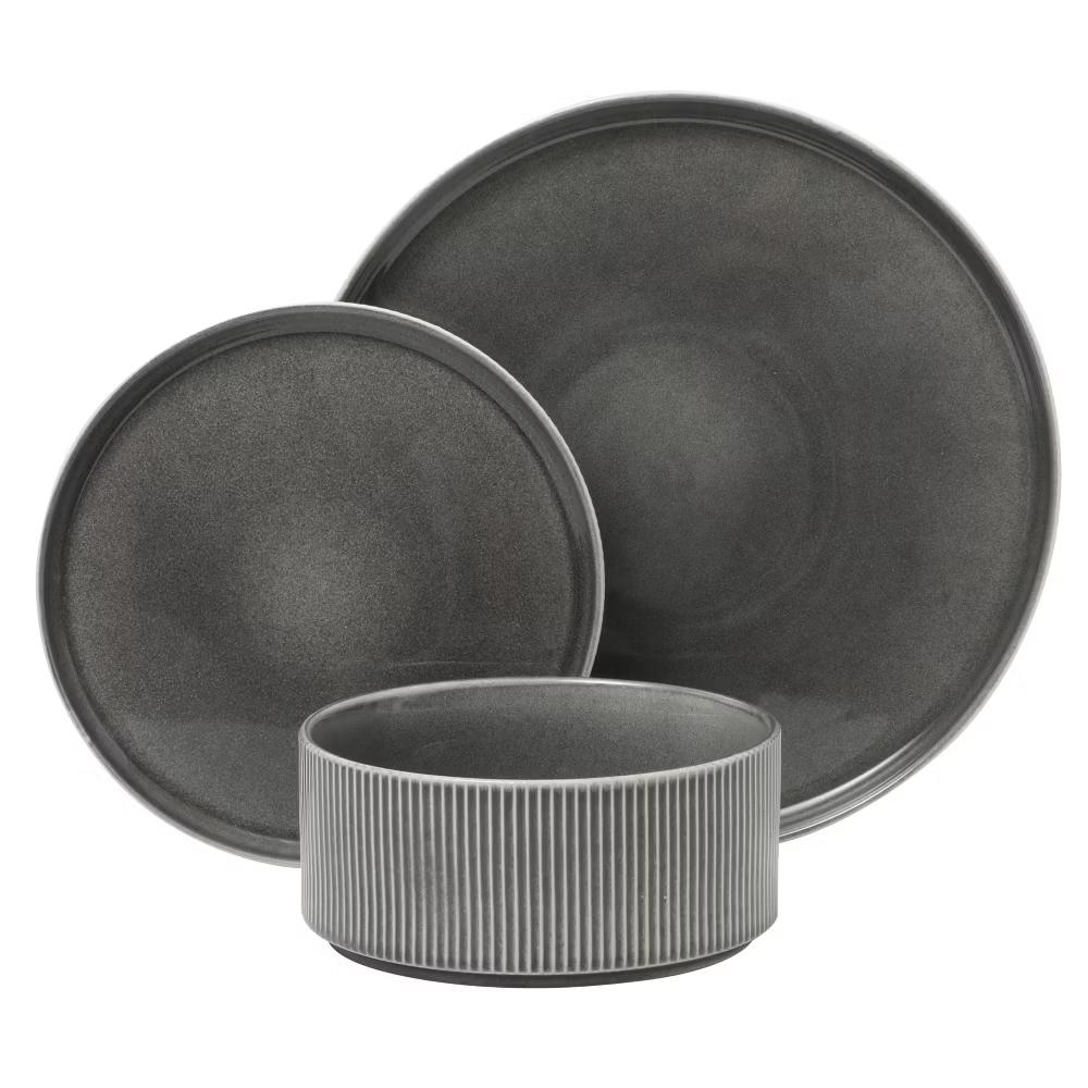 Solana Coast 12 Piece Stoneware Reactive Glaze (Service for 4) Ceramic Plates and Bowls Modern Shape Embossed Dinnerware Set