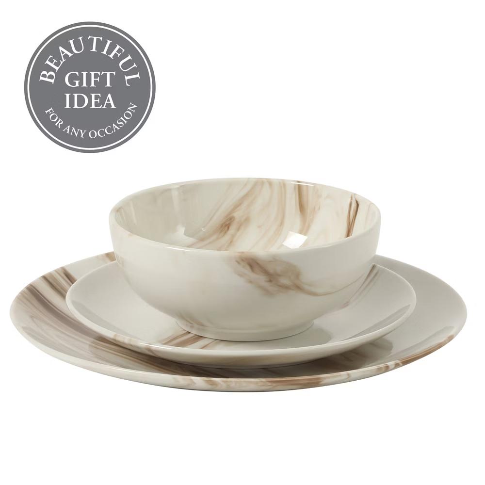 Cloudlight 12 Piece Plates and Bowls Dishes Brown and White - Decorated Porcelain Ceramic Dinnerware Set - Service for 4 - Image 5