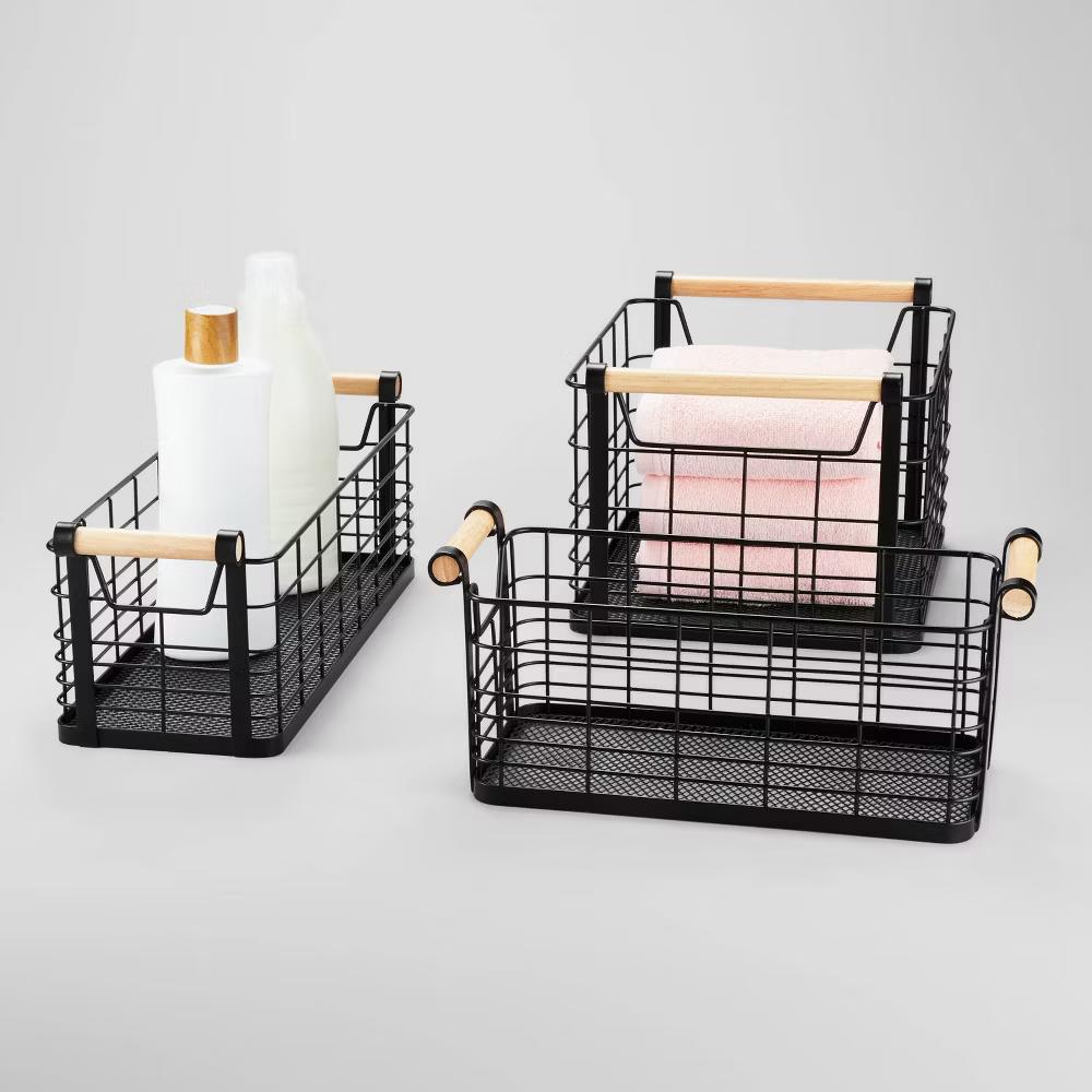 Rectangular Wire Natural Wood Handles Basket - Image 10