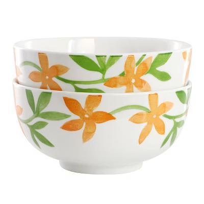 Floral 2 Piece Fine Ceramic Cereal Bowl Set in Orange - Image 2