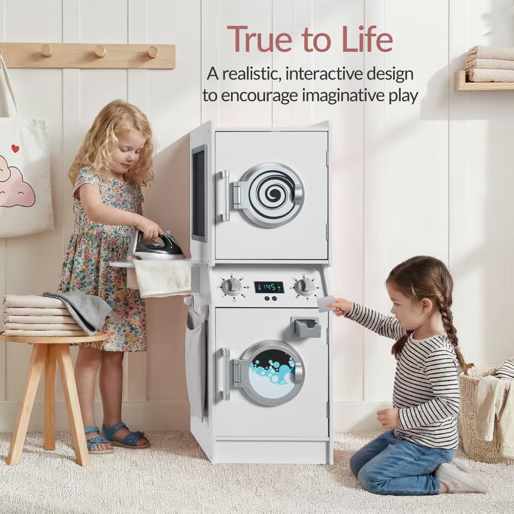 Pretend Play Kids Wooden Stacked Washer & Dryer Set w/ Toy Laundry Storage and Accessories - Pink - Image 16