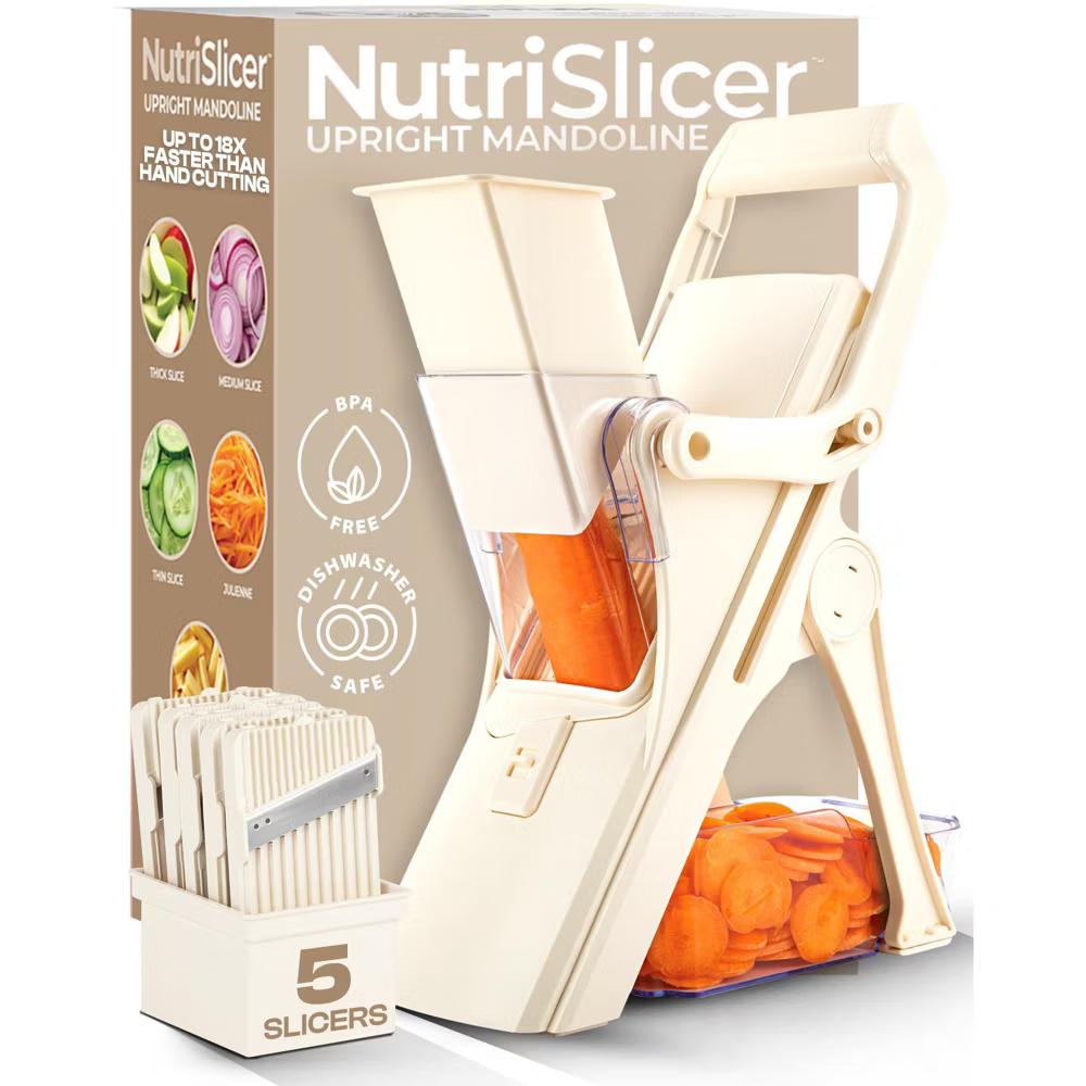 NutriSlicer Upright Mandoline Slicer – 5 Stainless Steel Blades, BPA-Free and Dishwasher Safe