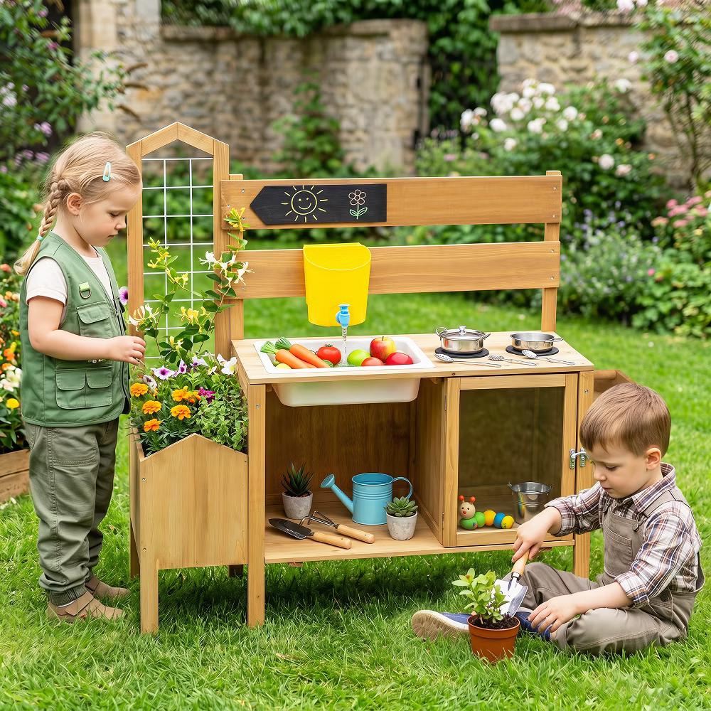Mud Kitchen for Kids, Pretend Play Kitchen with Detachable Bird Cage,Trellis