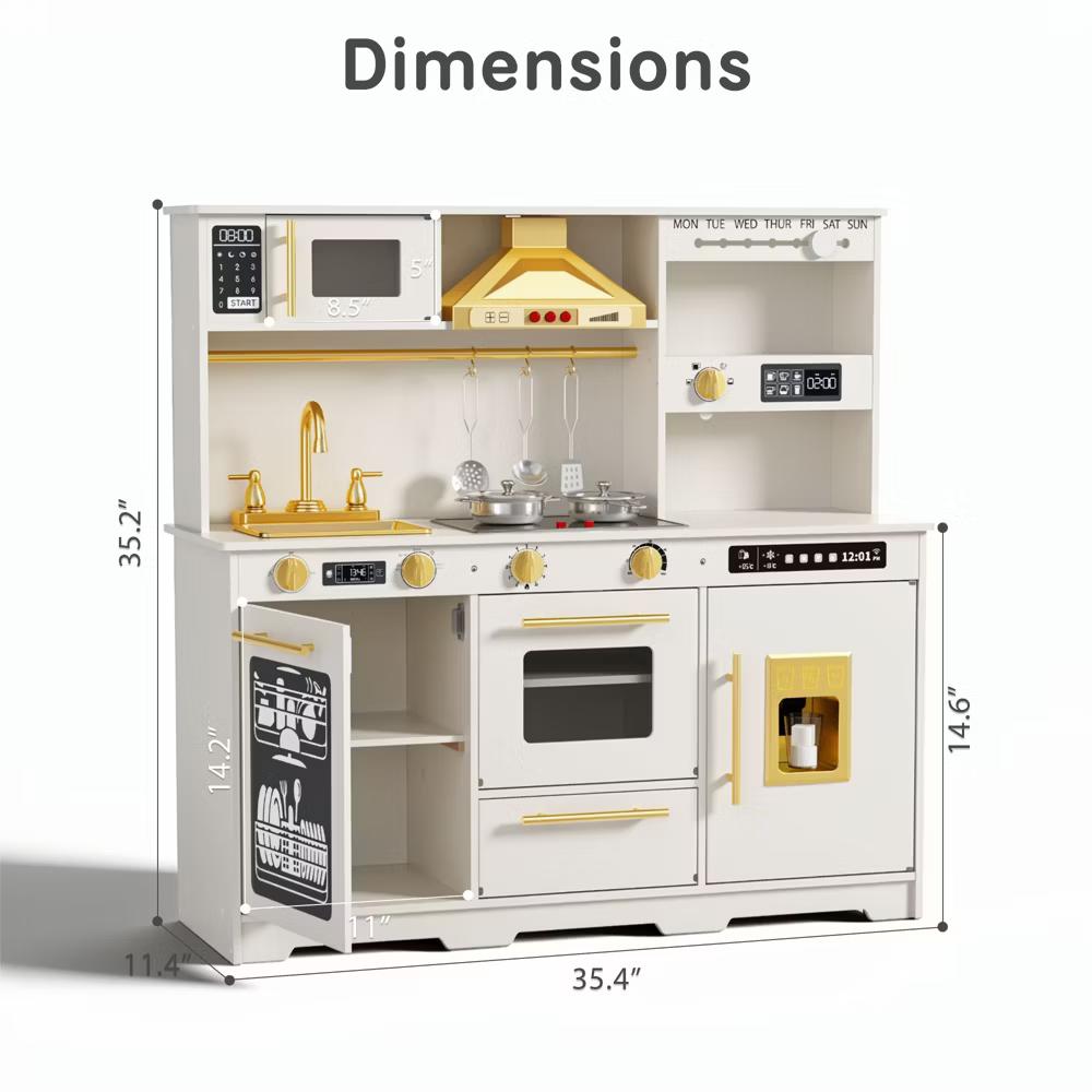 Wooden Play Kitchen for Kids with Running Water Sink, Interactive Stove, Ice Maker, Microwave, Oven & Dishwasher, Ages 3+ - Image 62