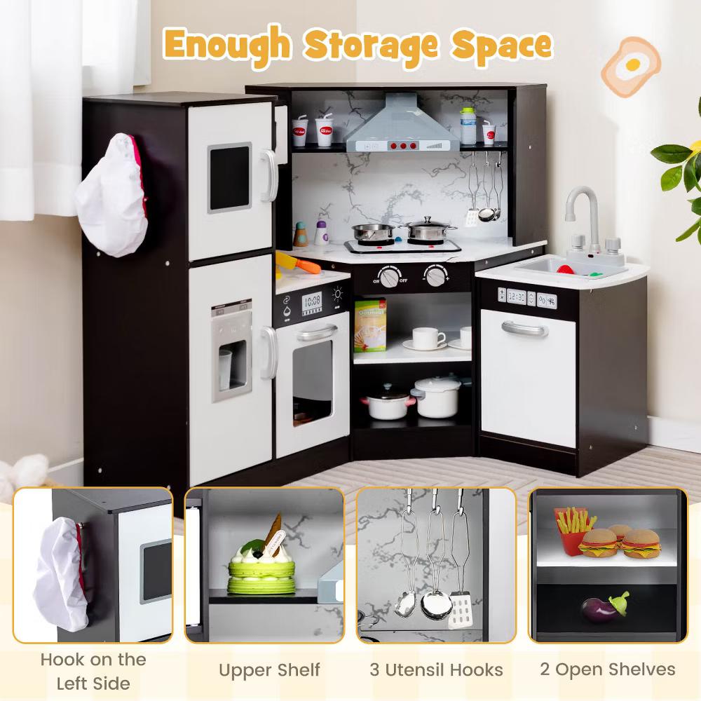Kids Corner Kitchen Playset Wooden Pretend Play Toy with Microwave WhiteCoffee - Image 9