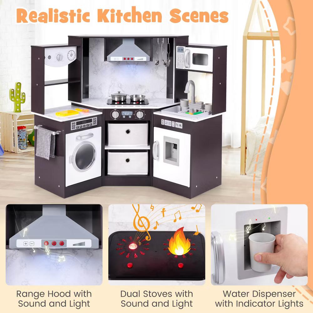 Wooden Kids Play Corner Kitchen with Realistic Lights & Sounds Lighted Range Hood Brown/Grey - Image 8