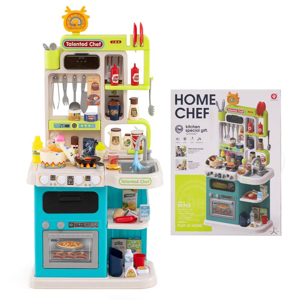 Kids Kitchen Playset with Realistic Sounds Lights Play Sink 95 PCS Accessories Blue/Pink - Image 4