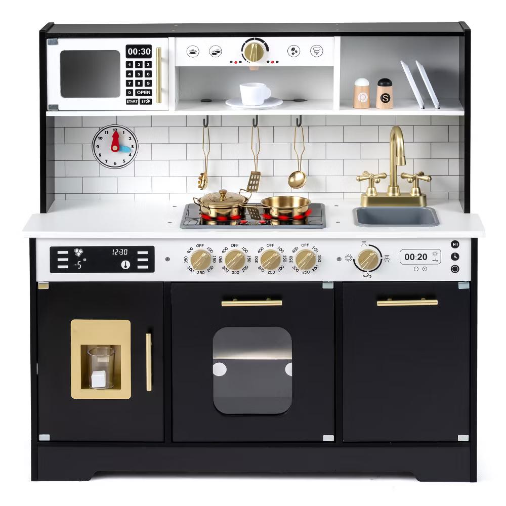 Play Kitchen for Kids, Wooden Kitchen Playset with Realistic Lights & Sounds White/Black - Image 8