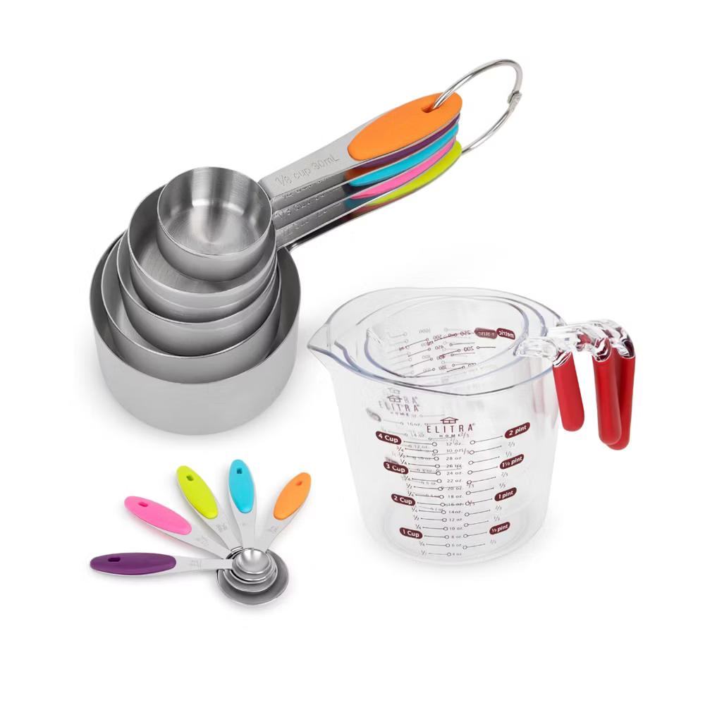Elitra Home Complete Measuring Set, 13-Pack Stainless Steel Cups, Spoons, Plastic Measuring Pitchers with Spout - Engraved Measurements - Image 2