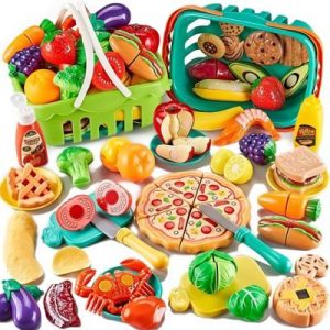 Etokfoks 85pcs Pretend Play Food Set for Kids Kitchen Cutting Toy Food with 2 Baskets Realistic Fruits Veggies Pizza Accessories