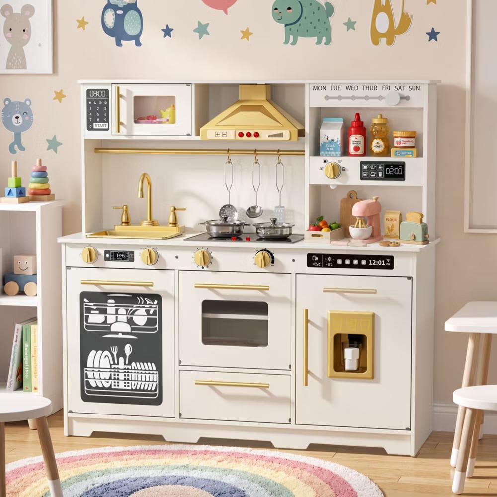 Wooden Play Kitchen for Kids with Running Water Sink, Interactive Stove, Ice Maker, Microwave, Oven & Dishwasher, Ages 3+ - Image 68