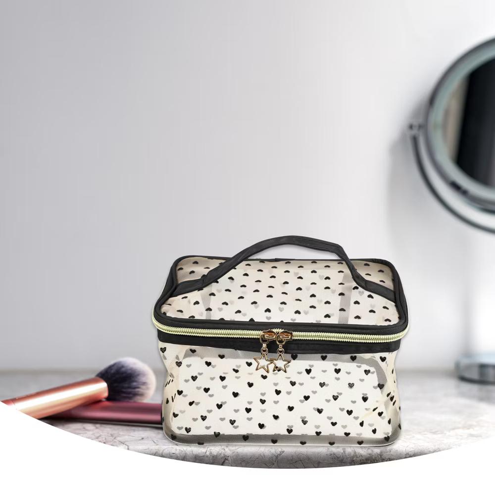 Travel Portable Makeup Bag Heart-Shaped Dots Zipper Closure Beige 1 Pc - Image 2