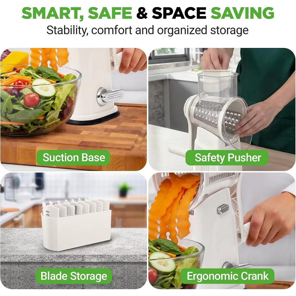 NutriChef 5-in-1 Cheese Grater & Shredder – Hand Crank, 5 Blades, Suction Base & Storage Container - Image 2
