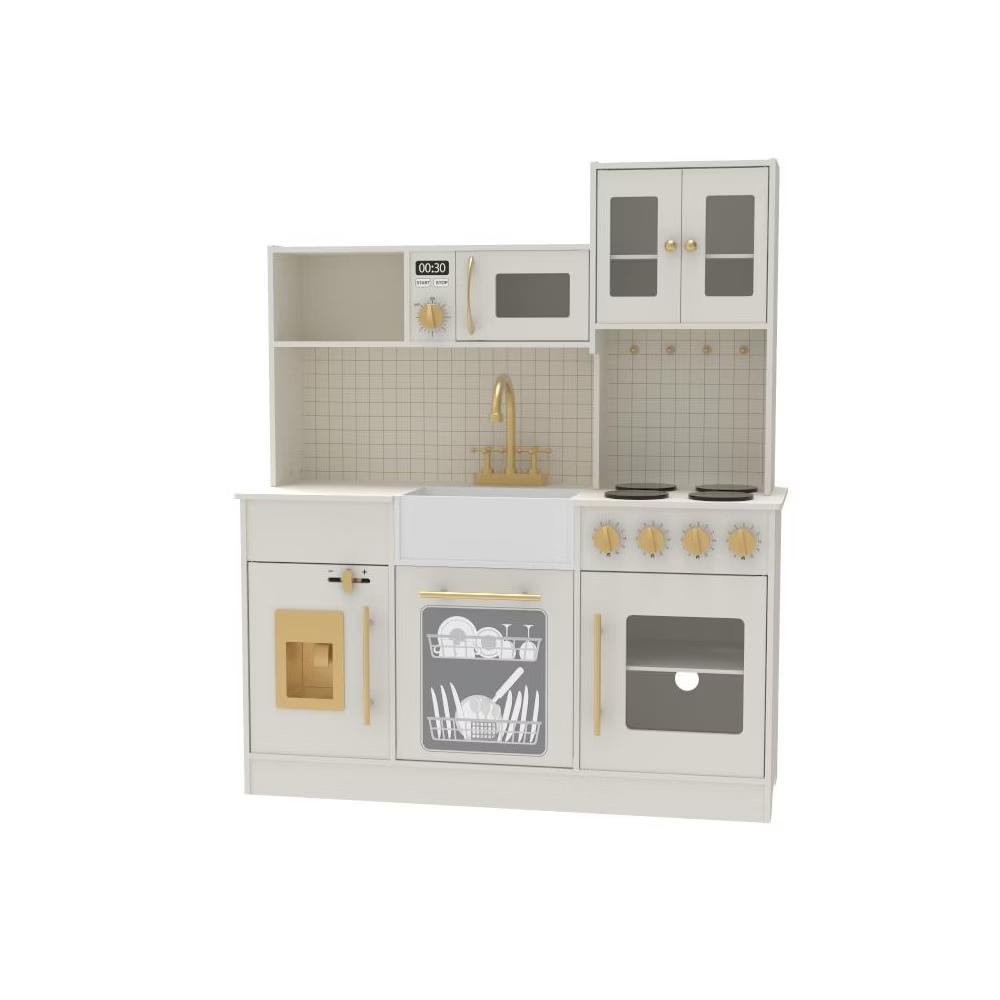 Wooden Play Kitchen with Running Water Sink, Clicking Stove Knobs, Microwave, Oven, Ice Maker & Storage, Ages 3+