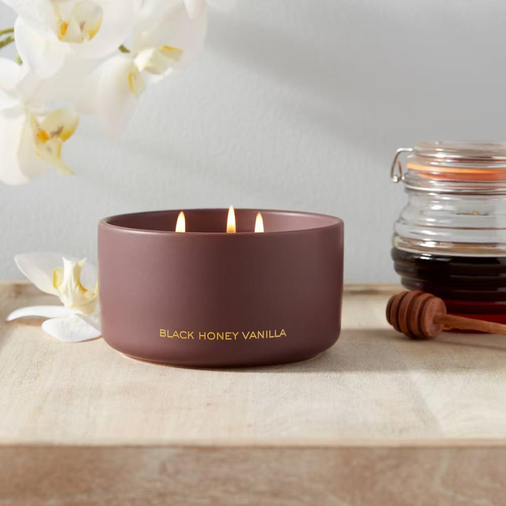 3 Wick 15oz Ceramic Black Honey Vanilla Jar Candle - Image 3