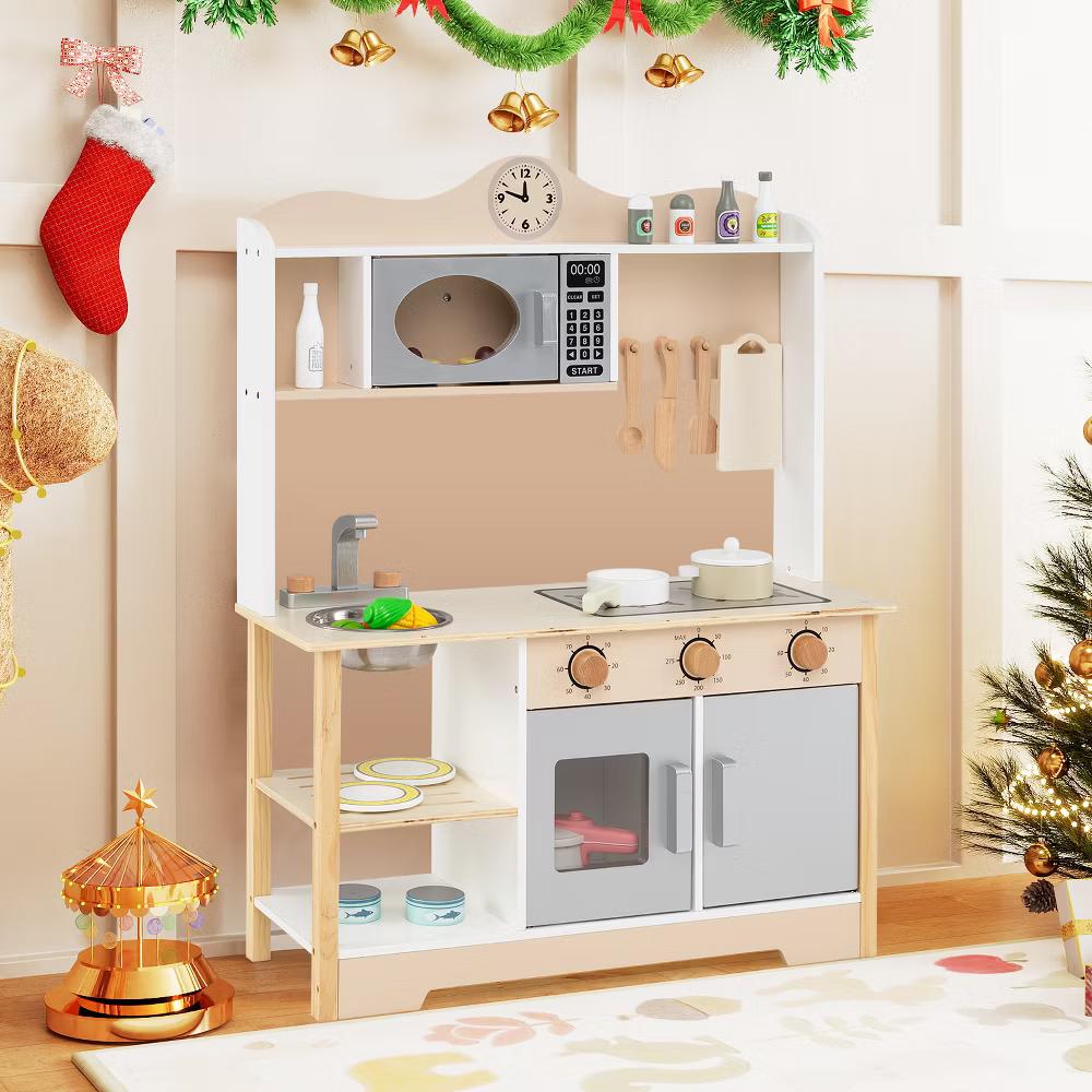 Wooden Play Kitchen for Kids Cooking Toy Playset w/ Microwave Stove Dish Rack - Image 8