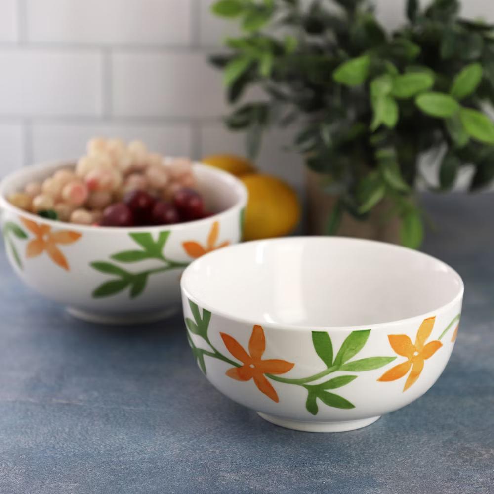 Floral 2 Piece Fine Ceramic Cereal Bowl Set in Orange - Image 4