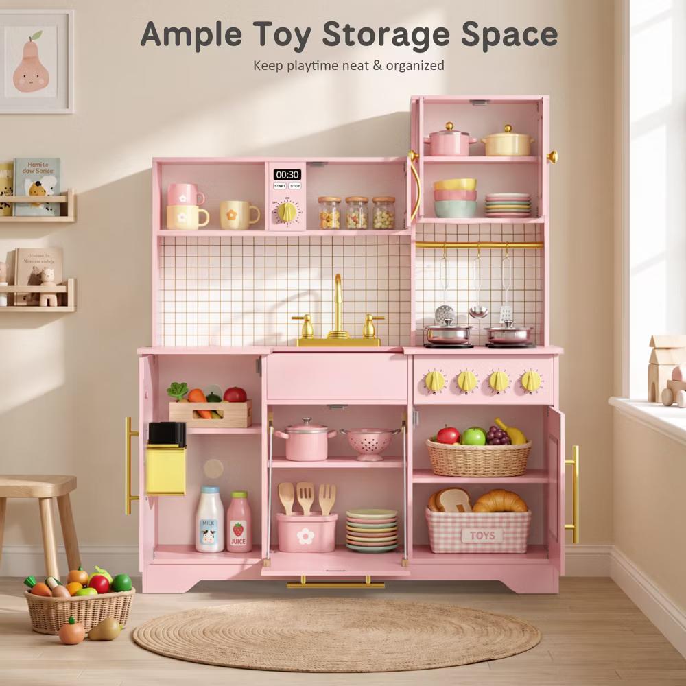Wooden Play Kitchen with Running Water Sink, Clicking Stove Knobs, Microwave, Oven, Ice Maker & Storage, Ages 3+ - Image 25