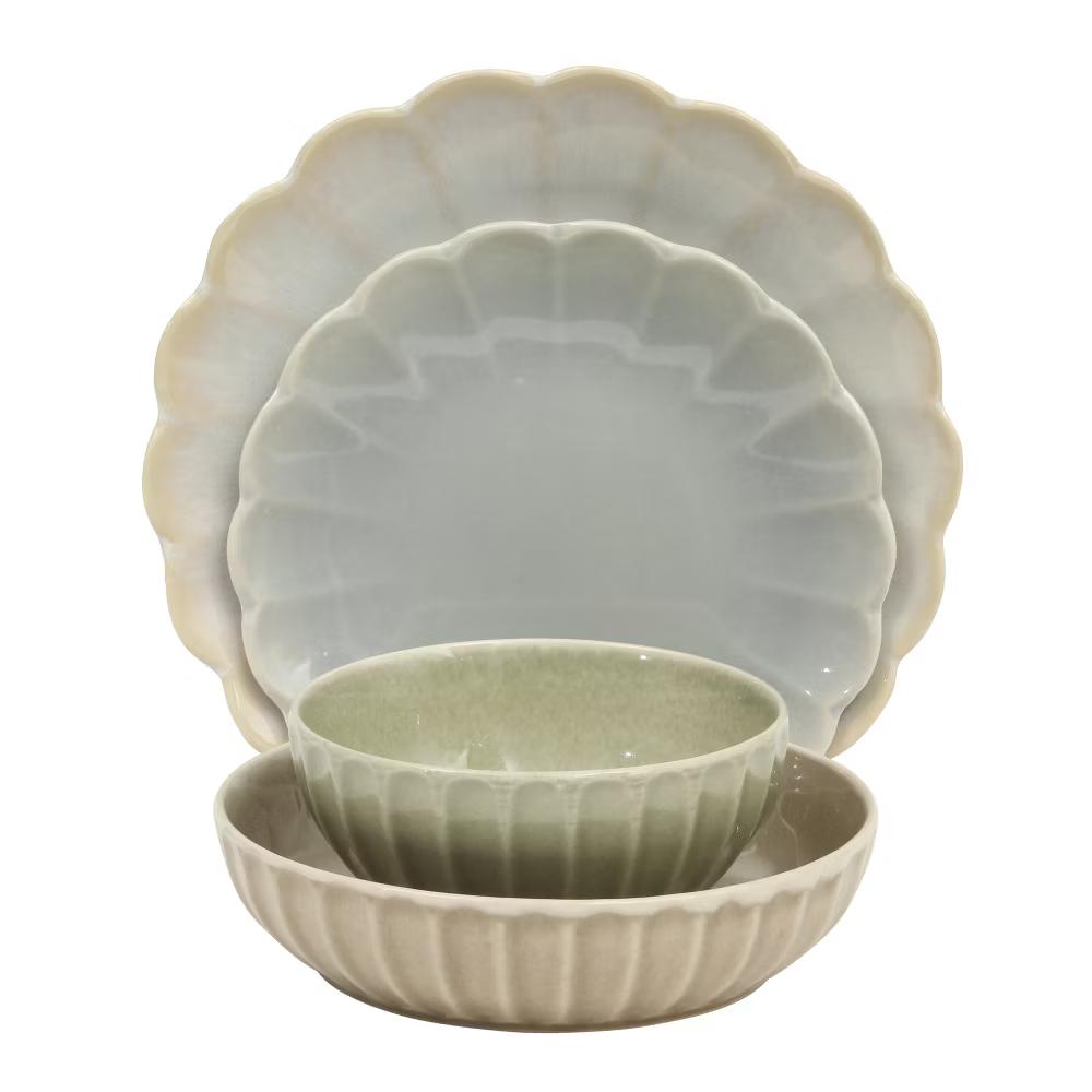 Malibu Shore 16-Piece Scalloped Stoneware Reactive Glaze (Service for 4) Ceramic Plates and Bowls Dinnerware Set - Image 4