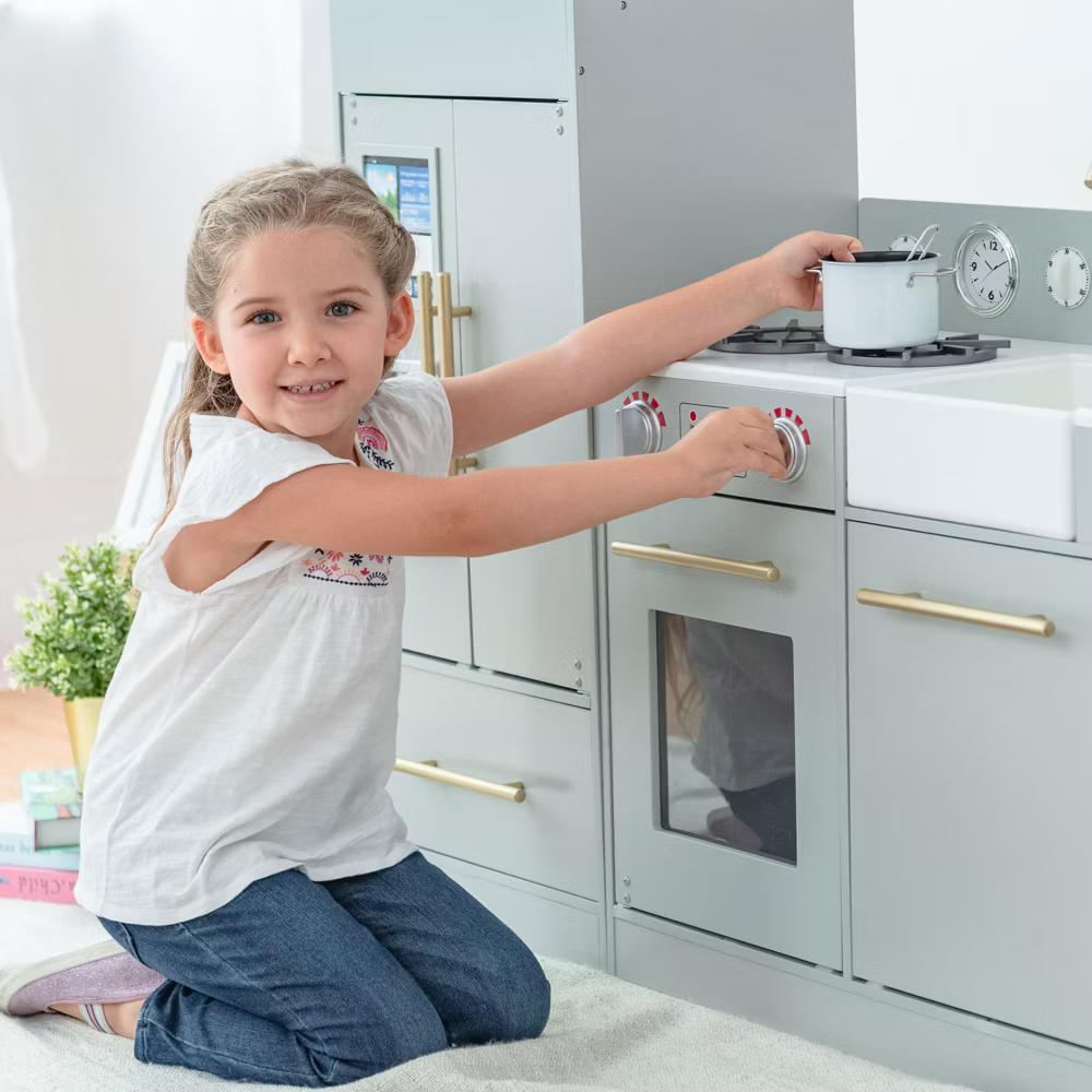 Little Chef Charlotte Modern Wooden Play Kitchen with Realistic Stove, Sink, Fridge & Accessories - Image 6