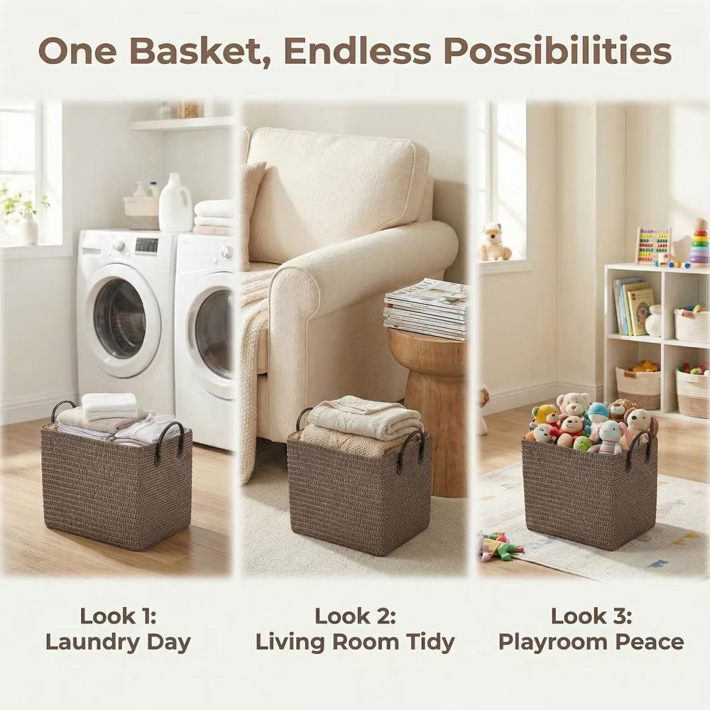 Woven Storage Basket for Clothes Shoes Organizer Bin with Handles - Image 37