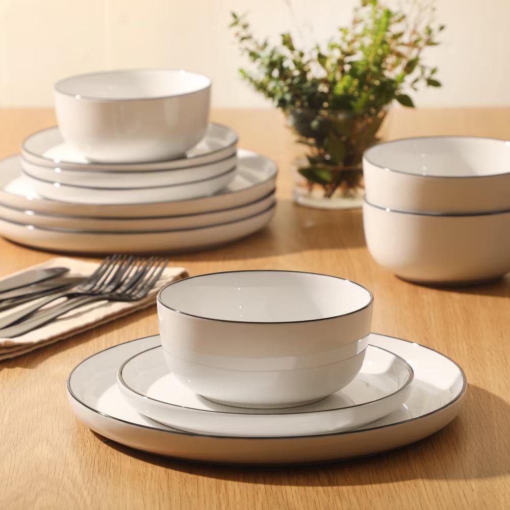 Oslo 12 Piece Porcelain Dinnerware Set – Dinner Plates, Salad Plates & Bowls, Classic White Everyday Dish Set, Dishwasher Safe - Image 2