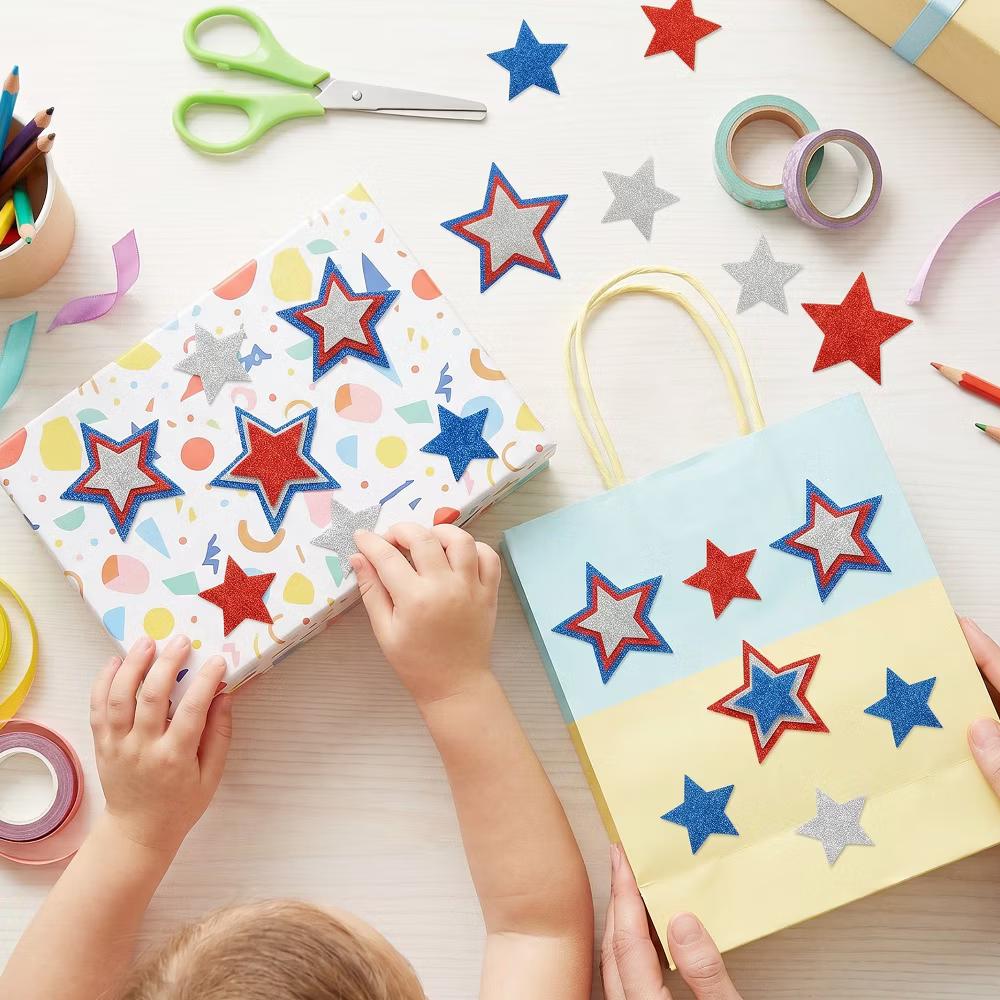 Red White and Blue Glitter Self-Adhesive Foam Star Stickers, Patriotic Stickers for 4th of July, Memorial Day (210pcs) - Image 4