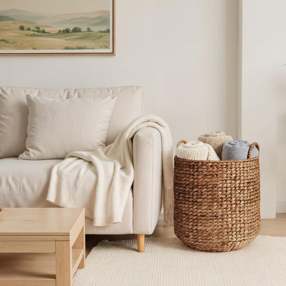 Round Storage Basket w/ Handles, Handwoven Water Hyacinth, Storage Organizer Tote - Natural - Image 5
