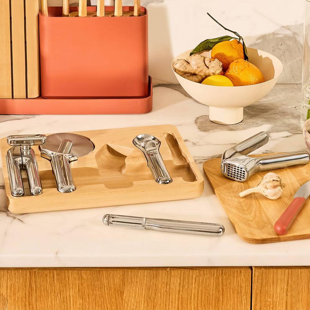 Caraway Home 6pc Kitchen Gadget Set: Stainless Steel Utensils, Includes Peeler, Pizza Cutter, Can Opener, Silver Holder - Image 4