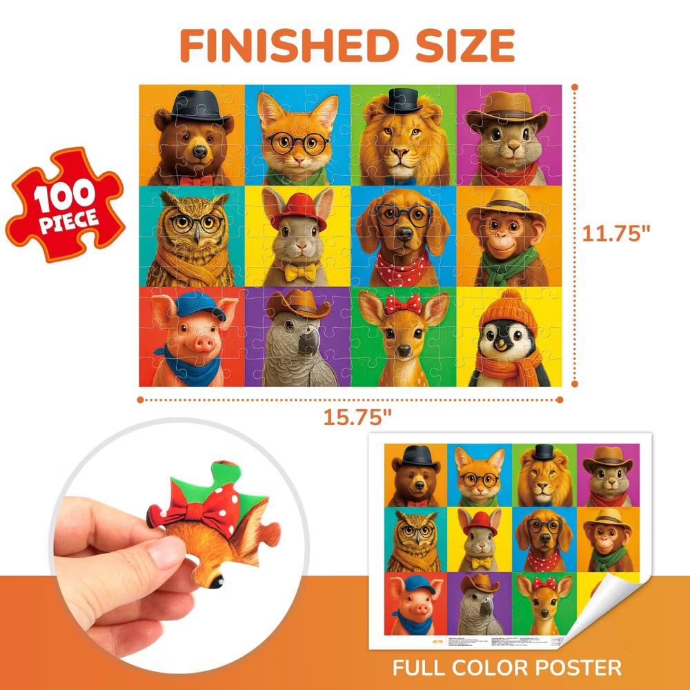 100 Piece Jigsaw Puzzles for Kids 4-8, Stylish Animal Crew, 15.75"x 11.75" - Image 4